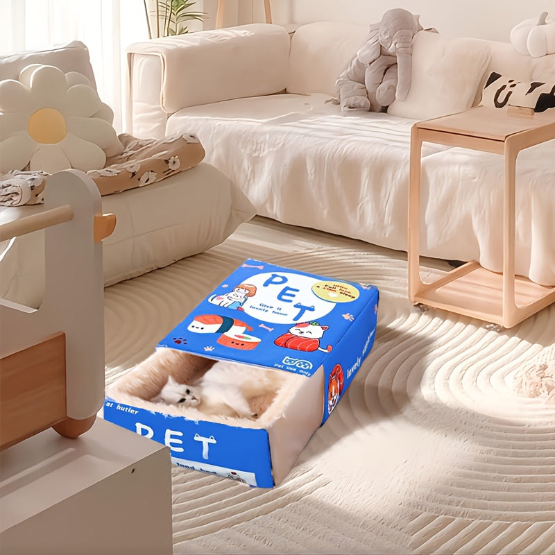Rectangular Fully Enclosed Cat Bed with Snack Box Design