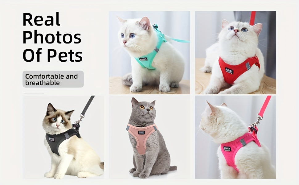 Adjustable Cat Harness with Reflective Strap, Soft Breathable Vest for Walking, Escape-Proof, Polyester, Machine Washable, Comfortable Outdoor Cat Gear