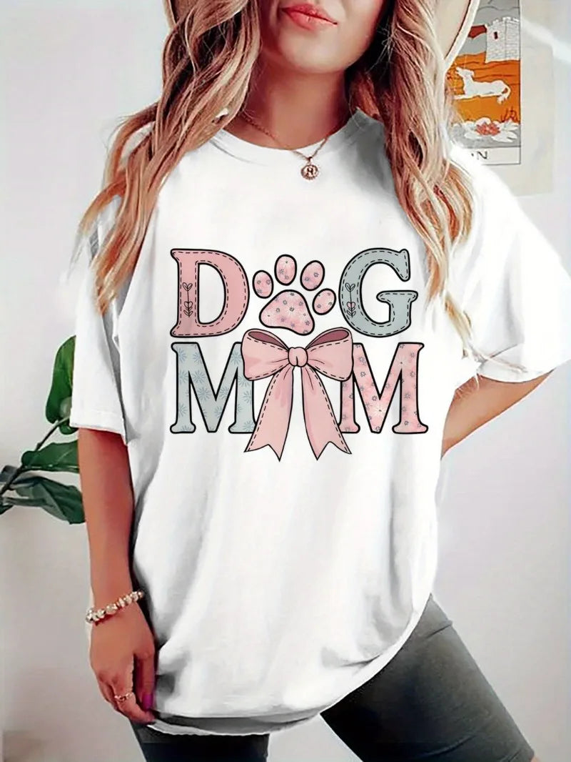 Dog Mom Graphic Crew Neck T-Shirt for Women CasualTee with Short Sleeves  Pink Bow Paw Print Design