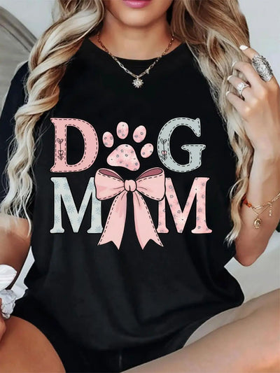 Dog Mom Graphic Crew Neck T-Shirt for Women CasualTee with Short Sleeves  Pink Bow Paw Print Design